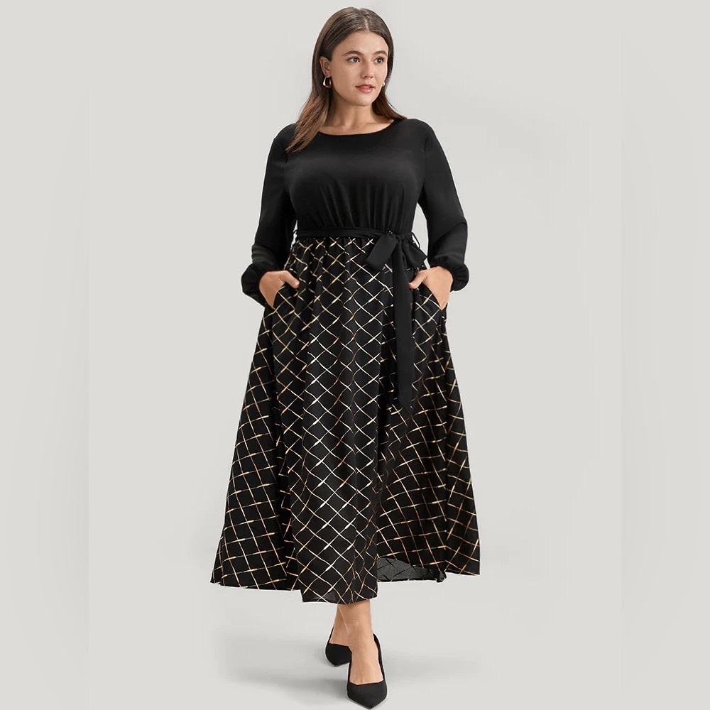 Geometric Print Pocket Lantern Sleeve Belted Dress 3XL/22-24